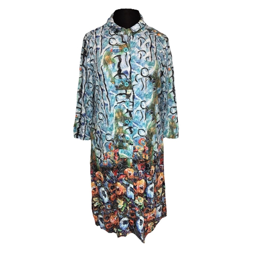 NEW Shana Floral Artsy Dress Women's Size M Blue Multi 3/4 Sleeve Stretch‎ Boho